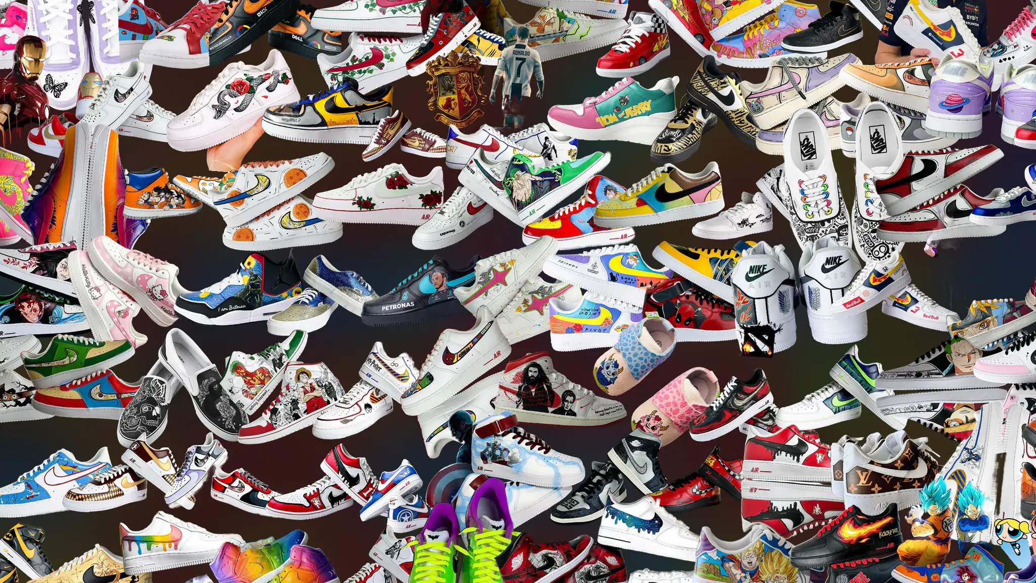 All 83 hand-painted pairs from the Sneak Peek studio, arranged as one wall.